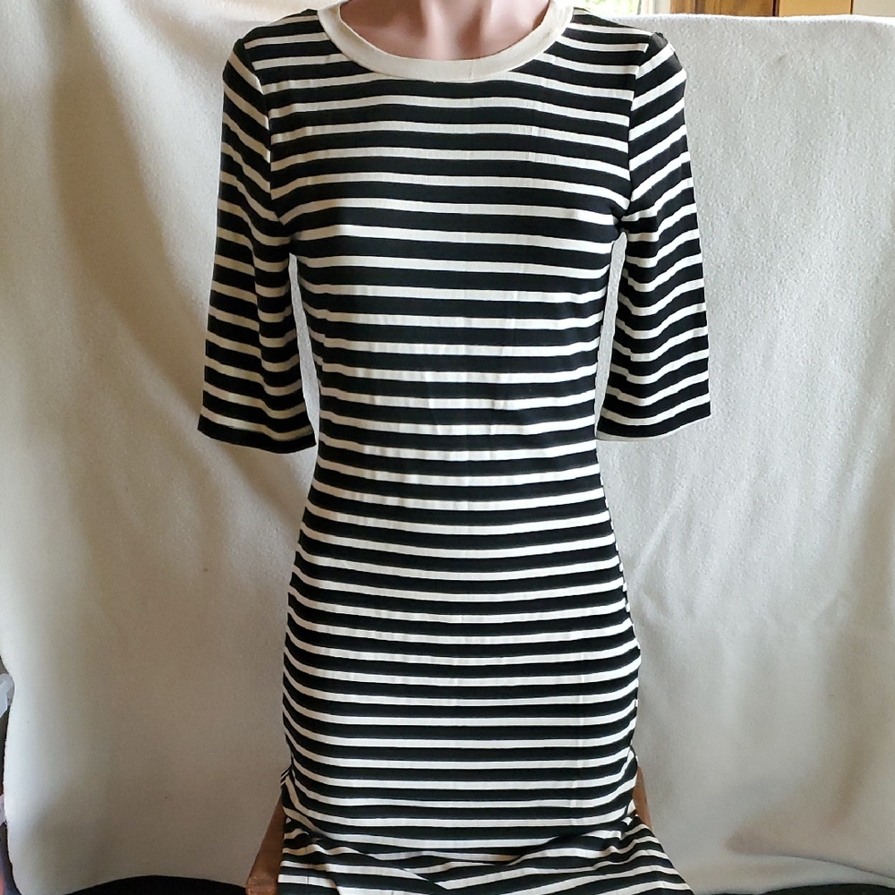 Monteau Black and White Striped Long Sleeve Dress